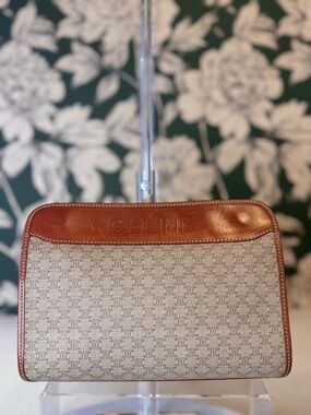 Celine Tan Leather Trim Zip Pouch